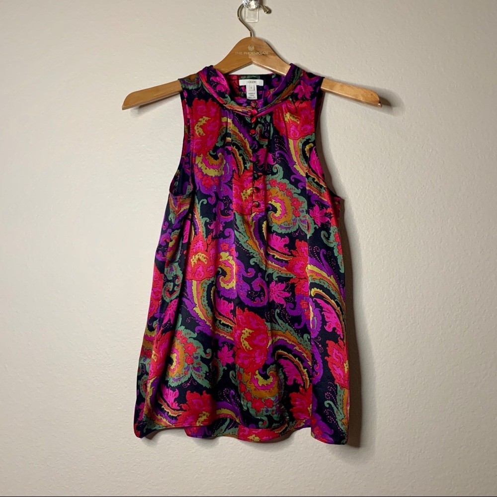J. Crew Paisley Multicolor Floral 100% Silk High Neck Blouse